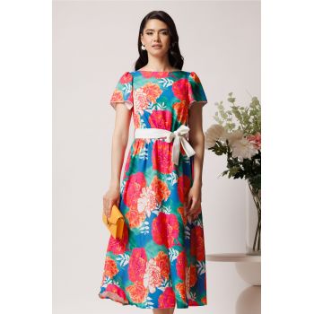 Rochie din triplu voal turcoaz cu imprimeu floral orange si cordon in talie