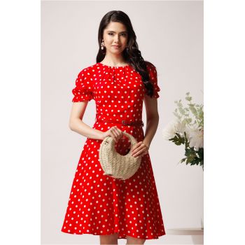 Rochie din viscoza rosie cu buline si curea in talie
