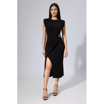 Rochie eleganta din licra cu cu umeri buretati si catarama aurie in talie Anda Neagra