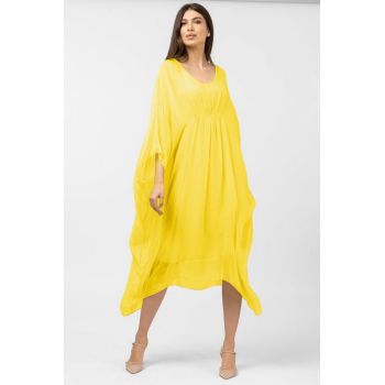 Rochie galben intens in colturi, lunga, ampla, din matase naturala, cu detaliu sub bust