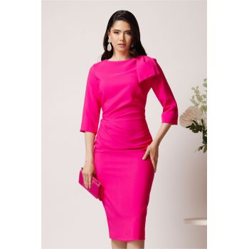 Rochie LaDonna eleganta din stofa fucsia cu funda maxi pe umar si fronseu in talie