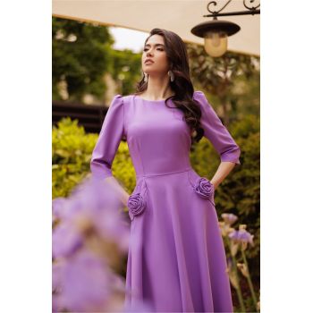 Rochie LaDonna office din stofa lila cu flori maxi pe buzunare
