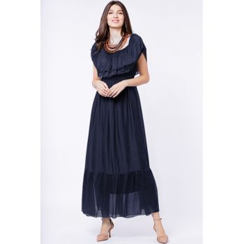 Rochie lunga, bleumarin, din matase naturala, cu volan pe umeri