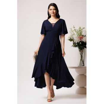 Rochie lunga eleganta din crep bleumarin cu volan pe fusta