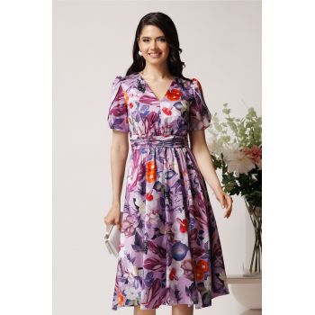 Rochie Moze din satin lila cu imprimeu floral
