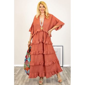 Rochie oversize din in si bumbac cu volane aplicate, caramizie