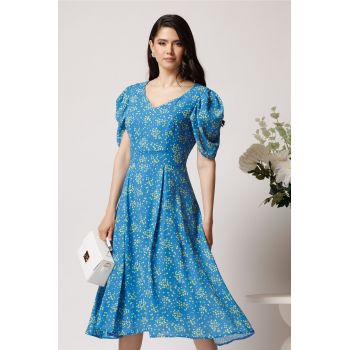 Rochie vaporoasa din viscoza albastra cu flori galbene