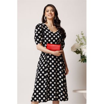Rochie vaporoasa din viscoza neagra cu buline albe