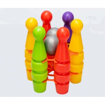 Set bowling pentru copii Huby Toys cu popice multicolore si bile in suport din plastic