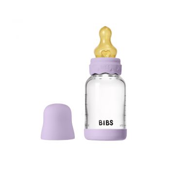 Set complet biberon Boheme din sticla anticolici cu tetina din latex, flux lent, 120 ml, Violet Sky