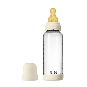 Set complet biberon Boheme din sticla anticolici cu tetina din latex, flux mediu, 240 ml, Ivory