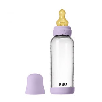 Set complet biberon Boheme din sticla anticolici cu tetina din latex, flux mediu, 240 ml, Violet Sky