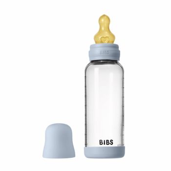 Set complet biberon din sticla anticolici cu tetina din latex, flux mediu, 240 ml, Baby Blue