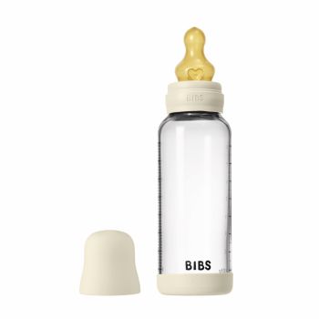 Set complet biberon din sticla anticolici cu tetina din latex, flux mediu, 240 ml, Ivory
