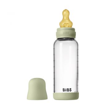 Set complet biberon din sticla anticolici cu tetina din latex, flux mediu, 240 ml, Sage