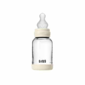 Set complet biberon din sticla anticolici cu tetina din silicon flux lent 120 ml Ivory