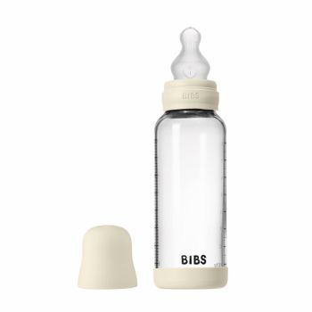Set complet biberon din sticla anticolici cu tetina din silicon, flux mediu, 240 ml, Ivory