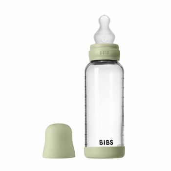 Set complet biberon din sticla anticolici cu tetina din silicon, flux mediu, 240 ml, Sage
