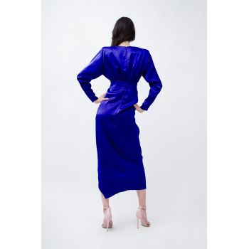 Blue Satin Midi Dress With Draping