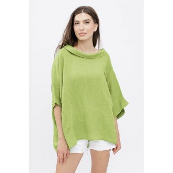 Bluza din in cu buzunar si boboc aplicat, oversize, verde pastel