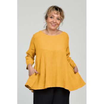 Bluza evazata cu clin la spate din in, galbena