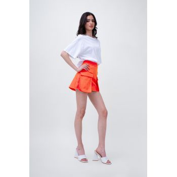 Orange Denim Mini Skirt With Pockets