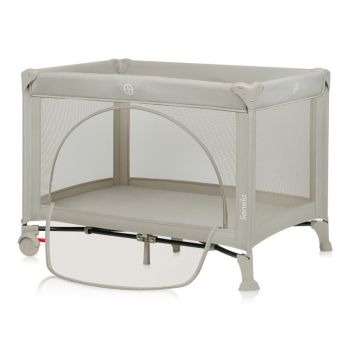 Patut pliabil, Lionelo, Laura, 102 x 74 cm, Cu doua nivele, Functie de tarc, Cu roti, Include salteluta si geanta de transport, Pereti din plasa, Deschidere laterala, Pana la 15 kg, 0 luni +, Bej