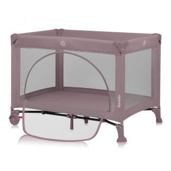 Patut pliabil, Lionelo, Laura, 102 x 74 cm, Cu doua nivele, Functie de tarc, Cu roti, Include salteluta si geanta de transport, Pereti din plasa, Deschidere laterala, Pana la 15 kg, 0 luni +, Roz
