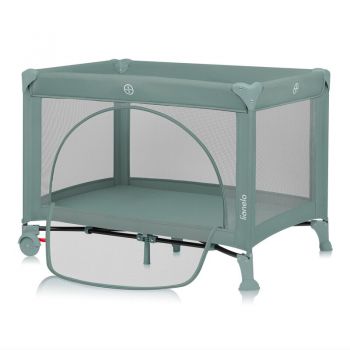 Patut pliabil, Lionelo, Laura, 102 x 74 cm, Cu doua nivele, Functie de tarc, Cu roti, Include salteluta si geanta de transport, Pereti din plasa, Deschidere laterala, Pana la 15 kg, 0 luni +, Verde