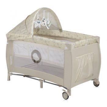 Patut pliabil, Lionelo, Sven Plus, 120x60 cm, Cu doua nivele, Cu arcada jucarii, masuta de infasat, vibratii, melodii, conform cu standardele europeane de securitate EN716 si EN12221, Bej Latte