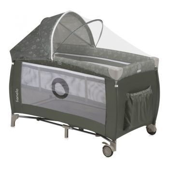 Patut pliabil, Lionelo, Sven Plus, 120x60 cm, Cu doua nivele, Cu arcada jucarii, masuta de infasat, vibratii, melodii, conform cu standardele europeane de securitate EN716 si EN12221, Bej Olive