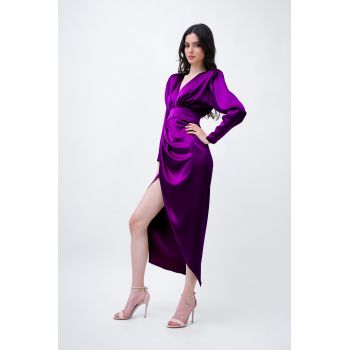 Purple Satin Midi Dress With Draping