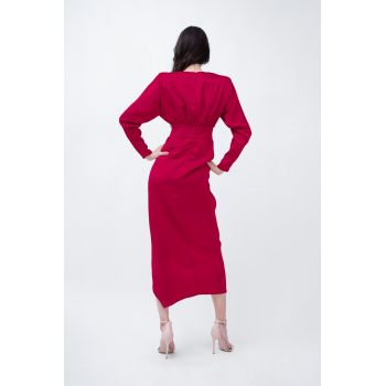 Red Satin Midi Dress With Draping