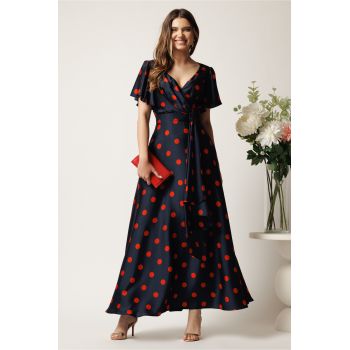 Rochie bleumarin lunga din satin in clos cu buline rosii si volan