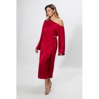 Rochie de ocazie din satin cu strass-uri in talie Felicita Marsala