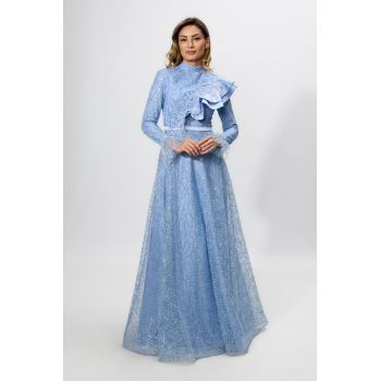 Rochie de ocazie din tull brodat cu paiete si volan din satin Leocadia Bleu