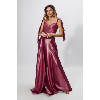 Rochie de ocazie premium cu fir lame argintiu si crepeu in fata Twilight Fucsia