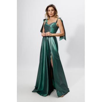 Rochie de ocazie premium cu fir lame argintiu si crepeu in fata Twilight Verde
