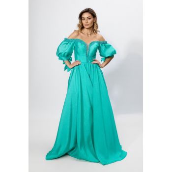 Rochie de ocazie premium cu perlute si maneci cu funde Orinthia Verde