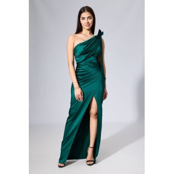 Rochie de ocazie premium din satin cu croi petrecut Fayette Verde