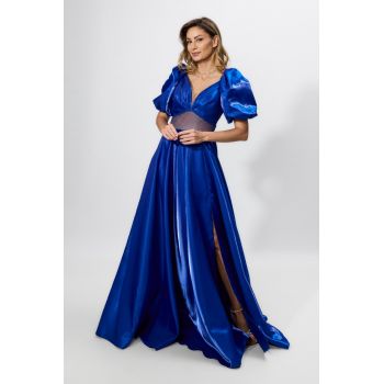 Rochie de ocazie premium din satin cu maneci bufante Opulence Albastra