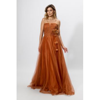 Rochie de ocazie premium din tull cu broderie si glitter Timeless Caramizie