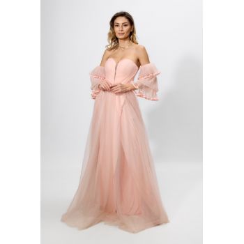 Rochie de ocazie premium din tull cu volane pe maneci Delightful Peach