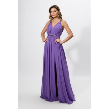 Rochie de ocazie premium din voal cu lant in talie si pe umeri Polyantha Mov