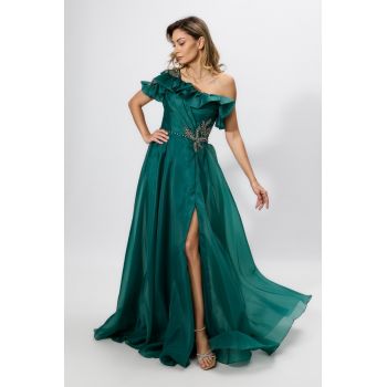 Rochie de ocazie premium din voal satinat cu strass-uri Evidence Verde