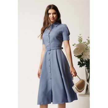 Rochie DY Fashion albastra in clos cu nasturi si curea in talie