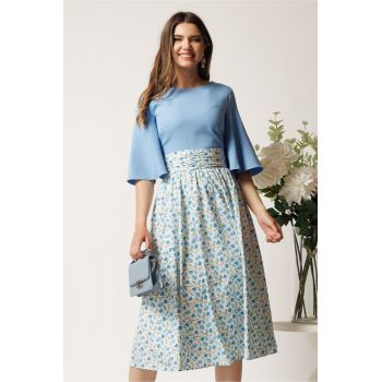 Rochie DY Fashion midi bleu in clos cu fusta din voal cu imprimeu ieftina