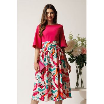 Rochie DY Fashion midi fucsia in clos cu fusta din voal cu imprimeu ieftina