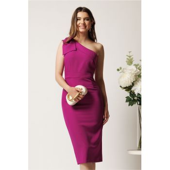 Rochie DY Fashion midi magenta din stofa cu croi conic si funda pe un umar