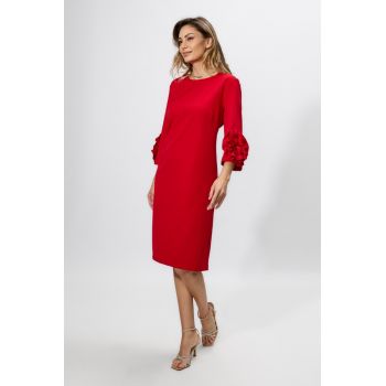 Rochie eleganta cu flori 3D pe maneci Serilda Rosie